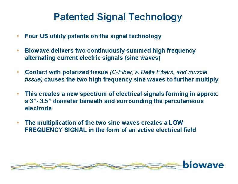 Patented Signal Technology • Four US utility patents on the signal technology • Biowave