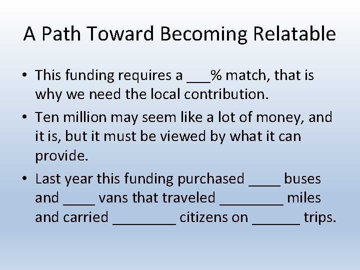 A Path Toward Becoming Relatable • This funding requires a ___% match, that is