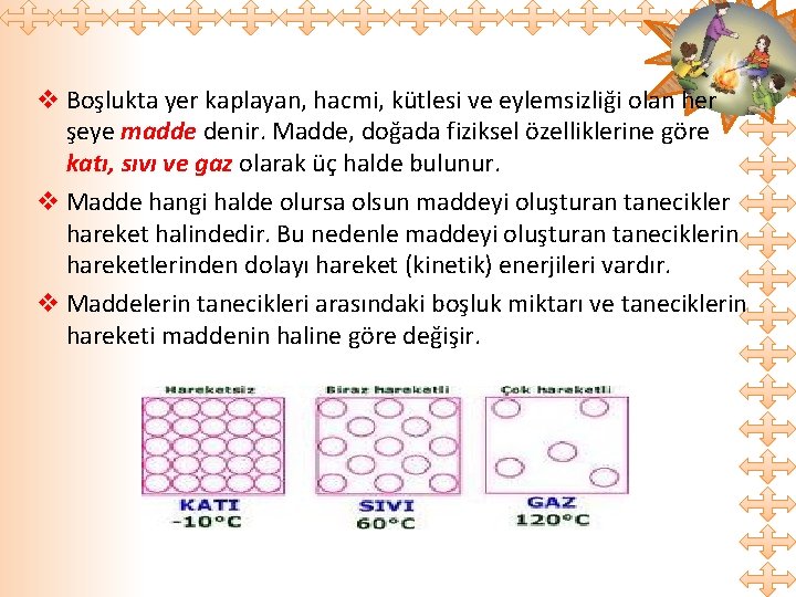 v Boşlukta yer kaplayan, hacmi, kütlesi ve eylemsizliği olan her şeye madde denir. Madde,