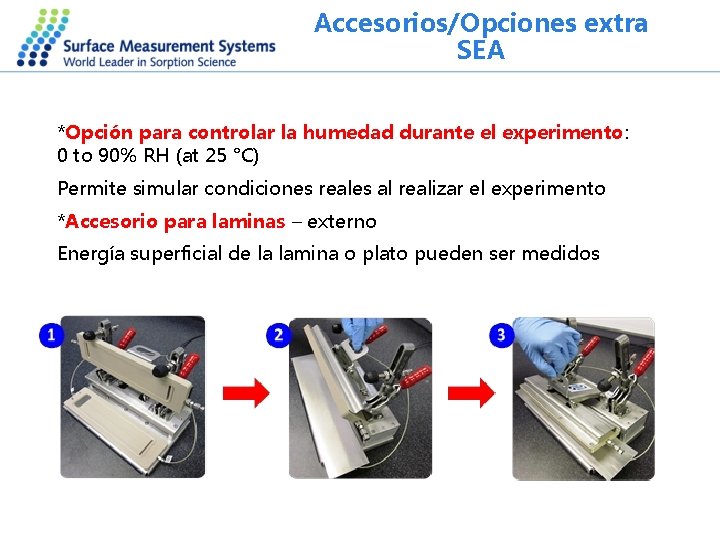 Accesorios/Opciones extra SEA *Opción para controlar la humedad durante el experimento: 0 to 90%