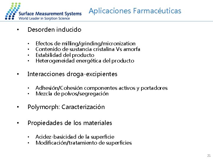 Aplicaciones Farmacéuticas • Desorden inducido • • • Efectos de milling/grinding/micronization Contenido de sustancia