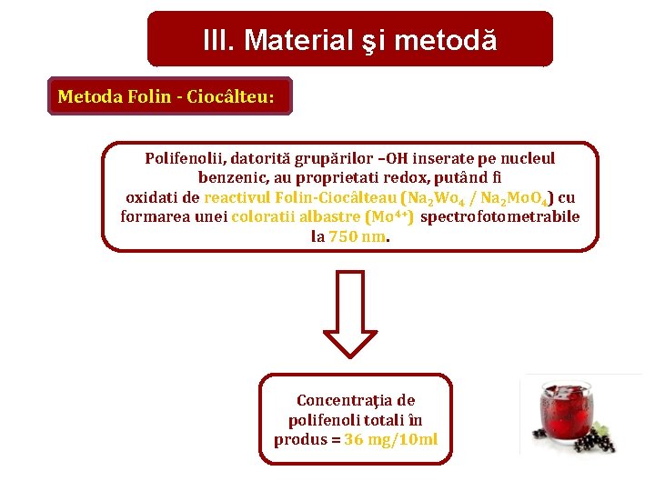 III. Material şi metodă Metoda Folin - Ciocâlteu: Polifenolii, datorită grupărilor –OH inserate pe