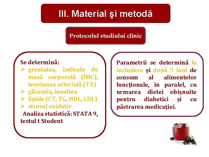 III. Material şi metodă Protocolul studiului clinic Se determină: Ø greutatea, indicele de masă