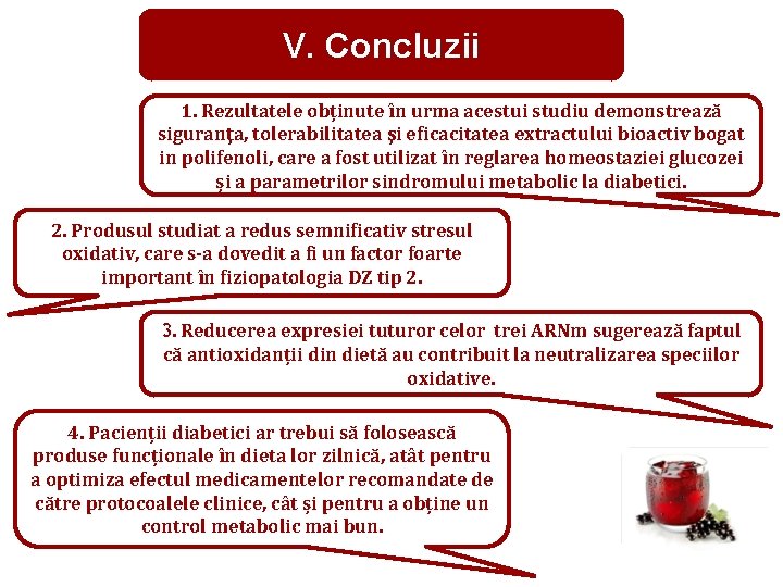 V. Concluzii 1. Rezultatele obținute în urma acestui studiu demonstrează siguranţa, tolerabilitatea şi eficacitatea