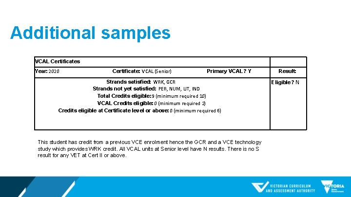 Additional samples VCAL Certificates Year: 2020 Certificate: VCAL (Senior) Primary VCAL? Y Strands satisfied: