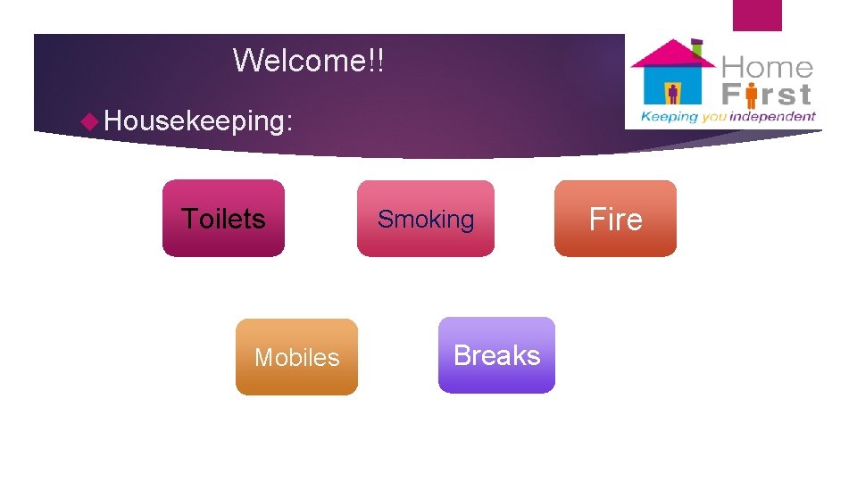 Welcome!! Housekeeping: Toilets Mobiles Smoking Breaks Fire 