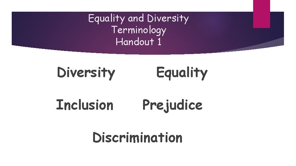 Equality and Diversity Terminology Handout 1 Diversity Inclusion Equality Prejudice Discrimination 