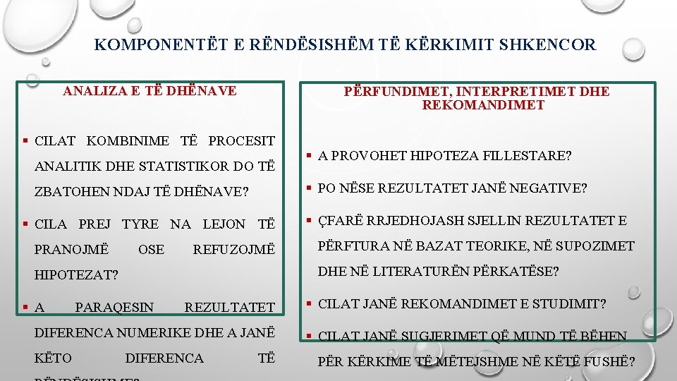 KOMPONENTËT E RËNDËSISHËM TË KËRKIMIT SHKENCOR ANALIZA E TË DHËNAVE PËRFUNDIMET, INTERPRETIMET DHE REKOMANDIMET