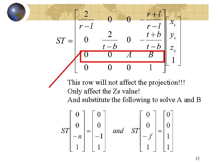 This row will not affect the projection!!! Only affect the Zs value! And substitute