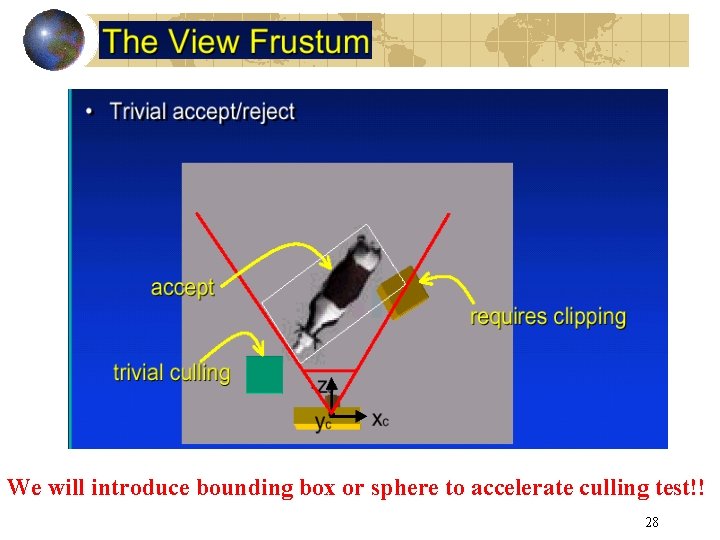 We will introduce bounding box or sphere to accelerate culling test!! 28 