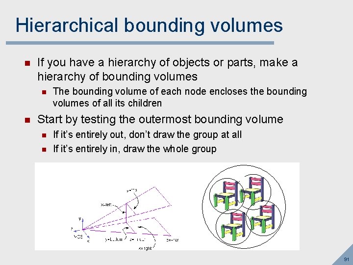 Hierarchical bounding volumes n If you have a hierarchy of objects or parts, make