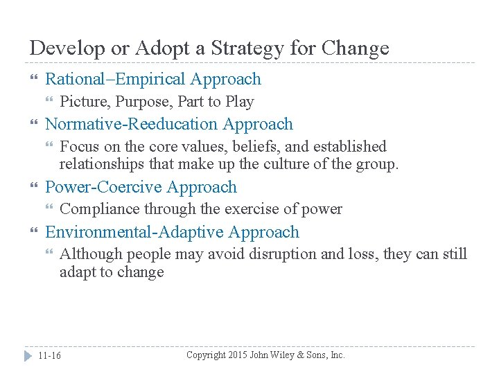 Develop or Adopt a Strategy for Change Rational–Empirical Approach Normative-Reeducation Approach Focus on the