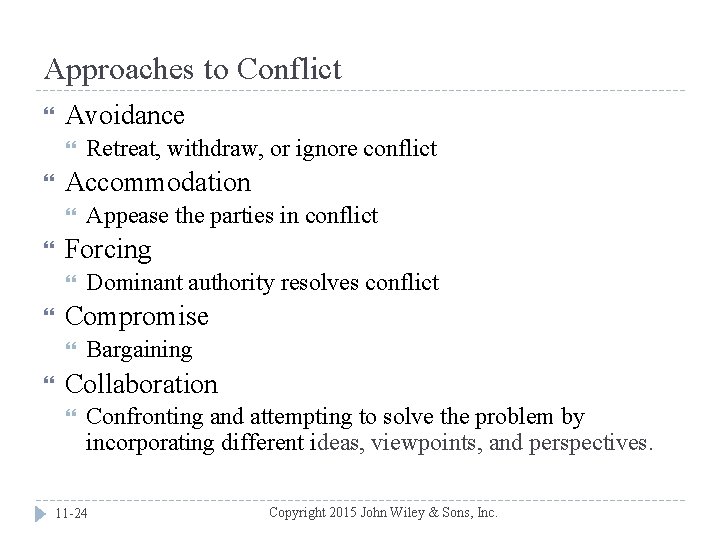 Approaches to Conflict Avoidance Accommodation Dominant authority resolves conflict Compromise Appease the parties in