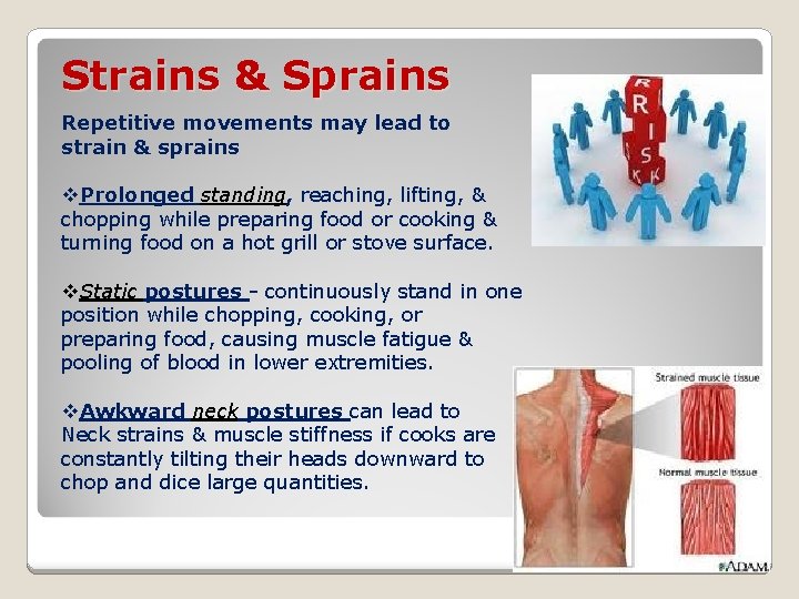 Strains & Sprains Repetitive movements may lead to strain & sprains v. Prolonged standing,