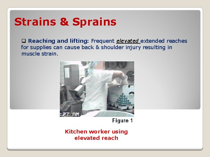 Strains & Sprains q Reaching and lifting: Frequent elevated extended reaches for supplies can