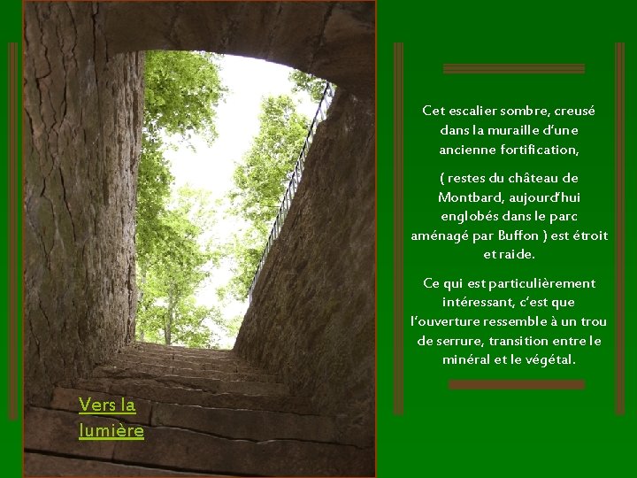 Cet escalier sombre, creusé dans la muraille d’une ancienne fortification, ( restes du château