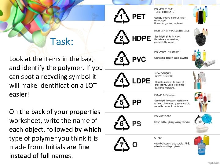 Task: Look at the items in the bag, and identify the polymer. If you