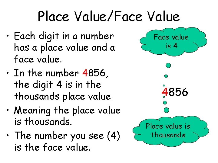 Place Value/Face Value • Each digit in a number has a place value and
