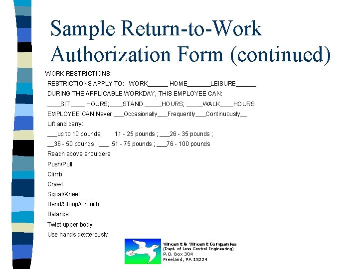 Sample Return-to-Work Authorization Form (continued) WORK RESTRICTIONS: RESTRICTIONS APPLY TO: WORK______ HOME_______LEISURE______ DURING THE