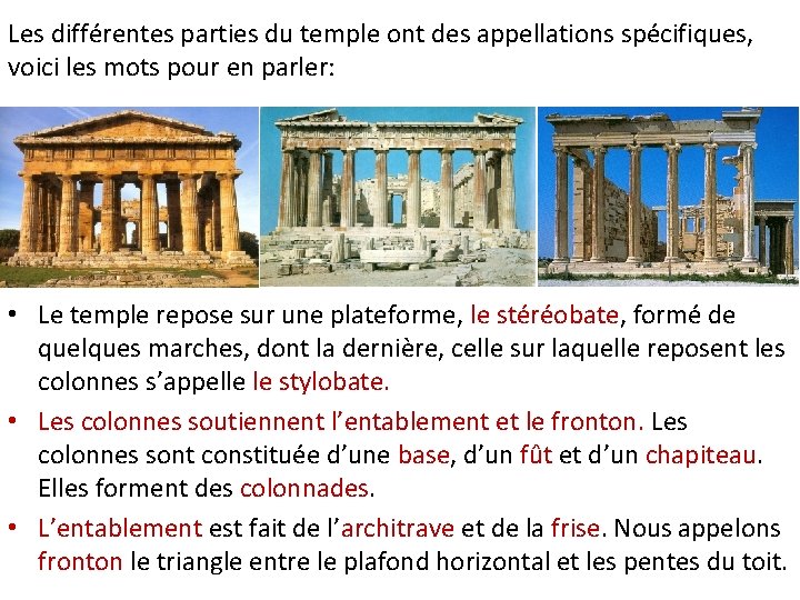 Les différentes parties du temple ont des appellations spécifiques, voici les mots pour en