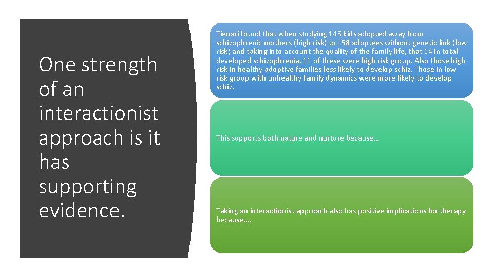 One strength of an interactionist approach is it has supporting evidence. Tienari found that