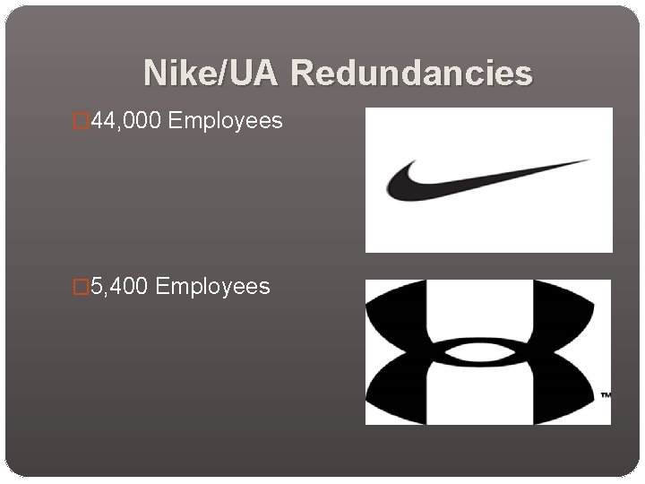Nike/UA Redundancies � 44, 000 Employees � 5, 400 Employees 