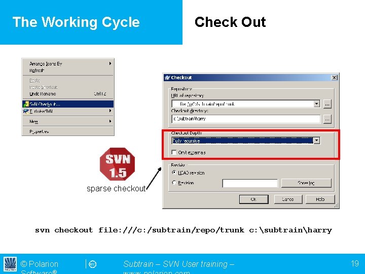 The Working Cycle Check Out sparse checkout svn checkout file: ///c: /subtrain/repo/trunk c: subtrainharry