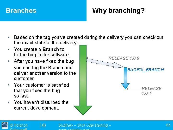 Branches Why branching? • Based on the tag you‘ve created during the delivery you