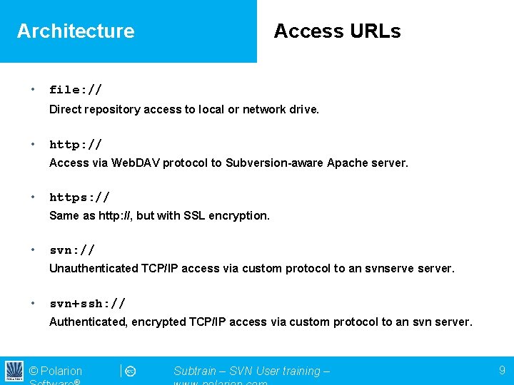 Architecture • Access URLs file: // Direct repository access to local or network drive.