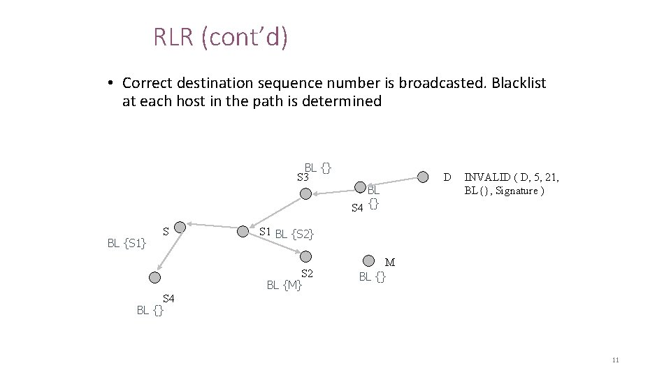 RLR (cont’d) • Correct destination sequence number is broadcasted. Blacklist at each host in