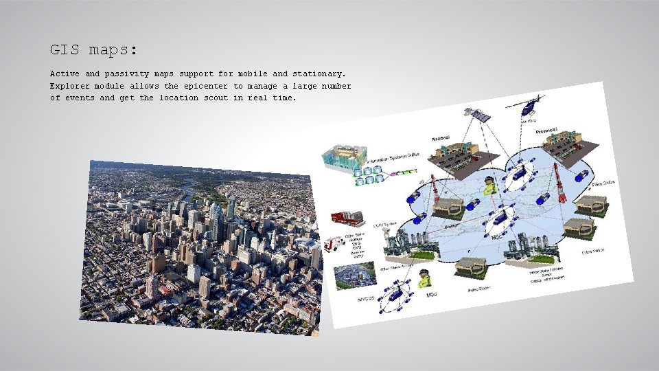 GIS maps: Active and passivity maps support for mobile and stationary. Explorer module allows