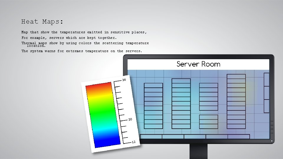 Heat Maps: Map that show the temperatures emitted in sensitive places, For example, servers