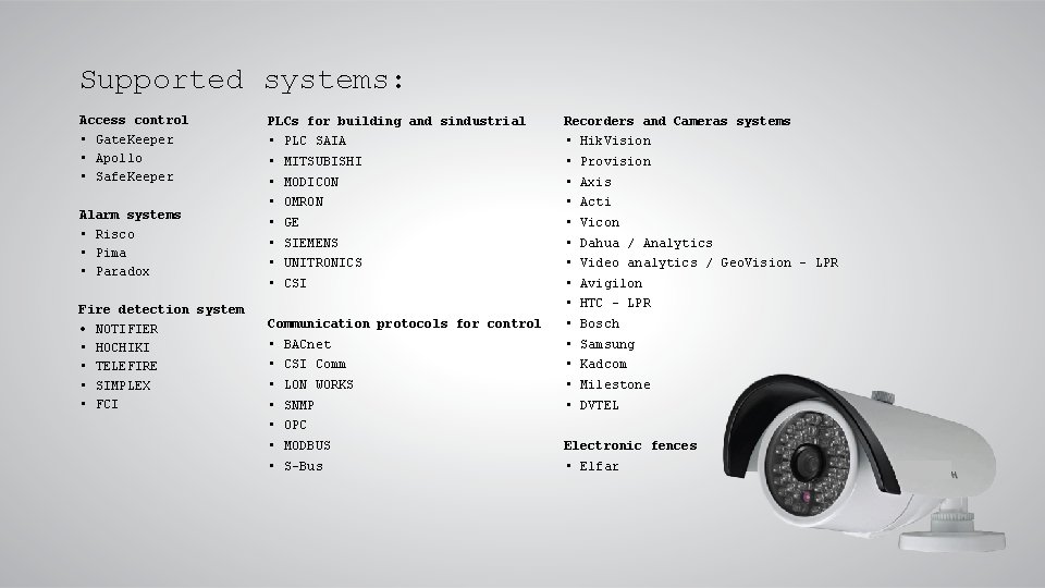 Supported systems: Access control • Gate. Keeper • Apollo • Safe. Keeper Alarm systems