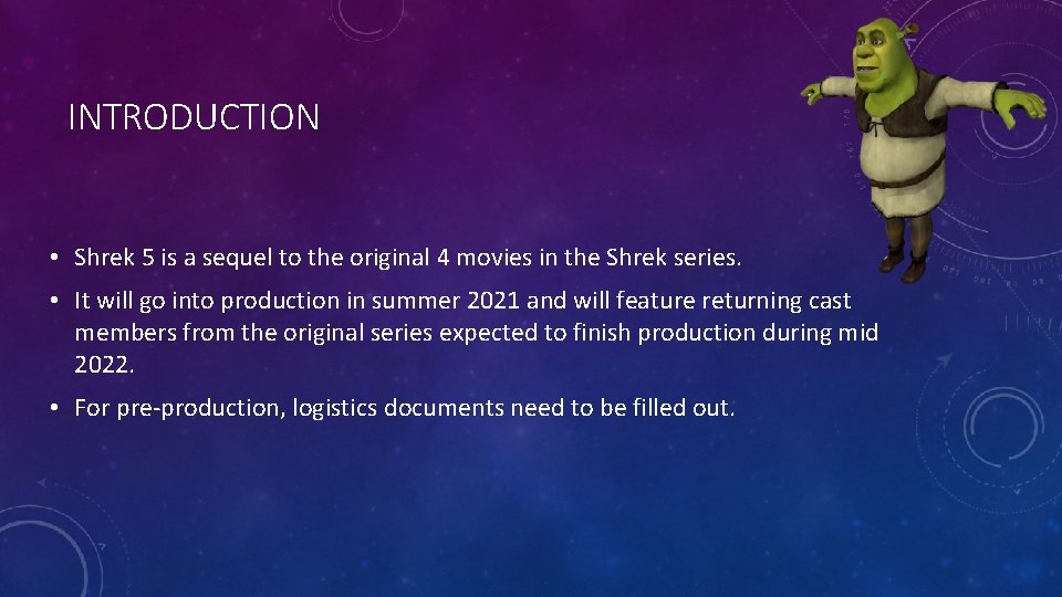 INTRODUCTION • Shrek 5 is a sequel to the original 4 movies in the