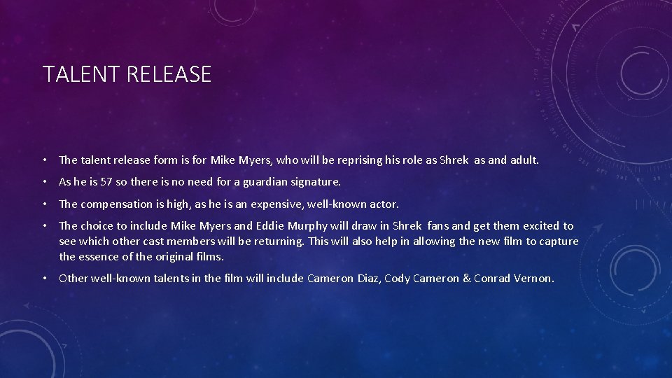 TALENT RELEASE • The talent release form is for Mike Myers, who will be