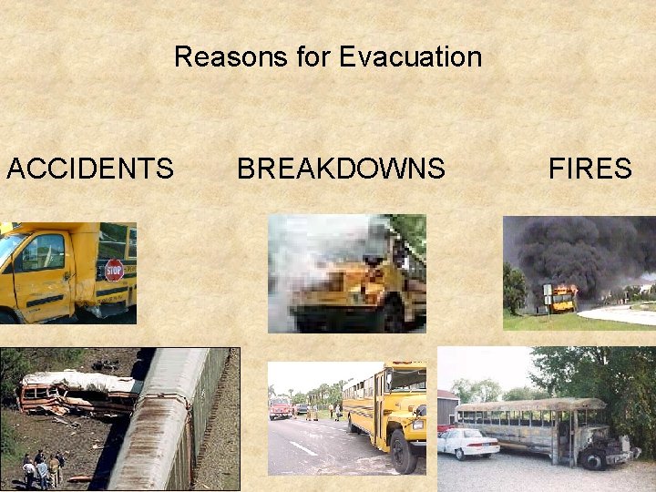 Reasons for Evacuation ACCIDENTS BREAKDOWNS FIRES 