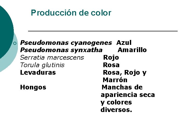 Producción de color ¡ Pseudomonas cyanogenes Azul Pseudomonas synxatha Amarillo Serratia marcescens Rojo Torula