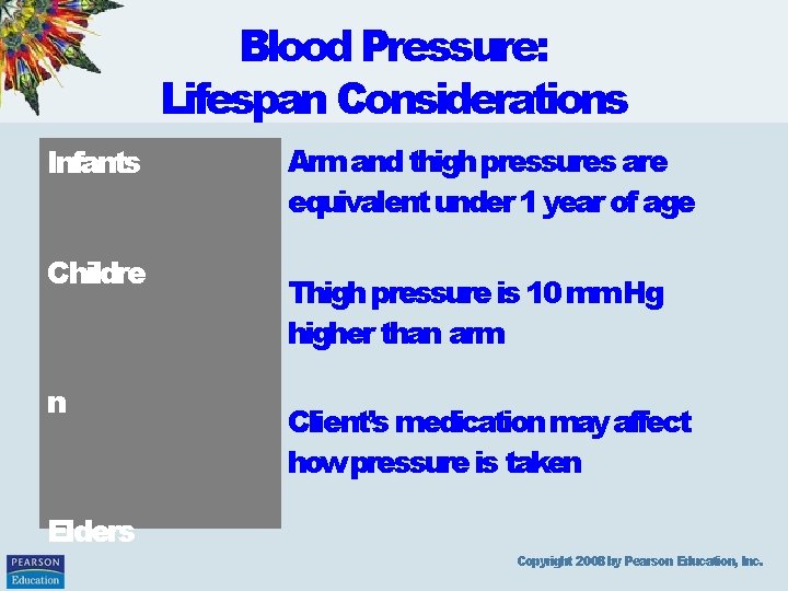 Blood Pressure: Lifespan Considerations Infants Childre n Elders Arm and thigh pressures are equivalent