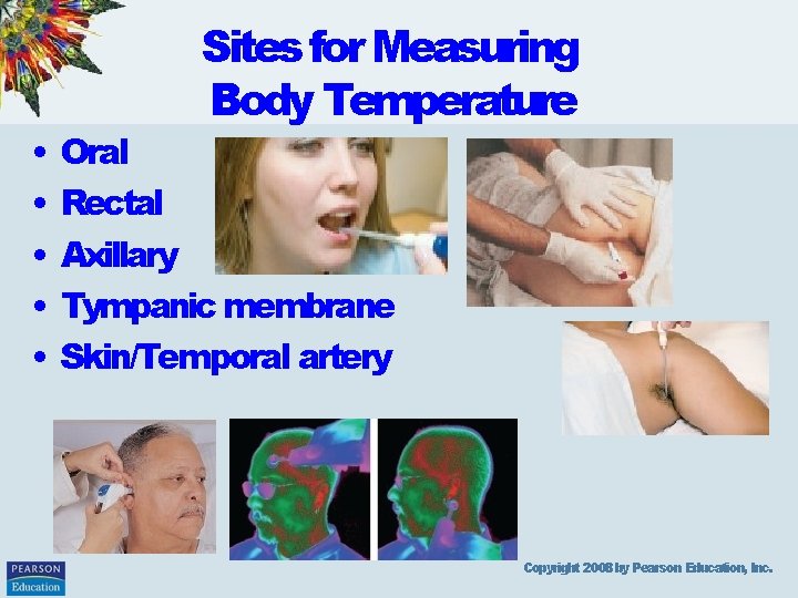  • • • Sites for Measuring Body Temperature Oral Rectal Axillary Tympanic membrane