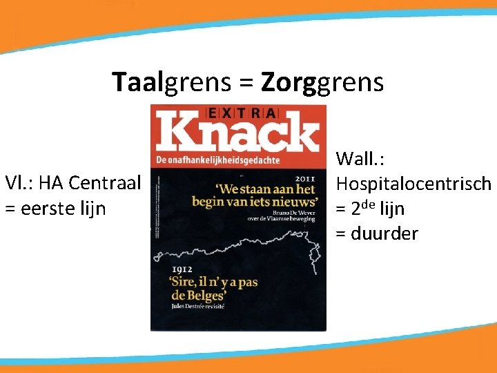 Taalgrens = Zorggrens Vl. : HA Centraal = eerste lijn Wall. : Hospitalocentrisch =