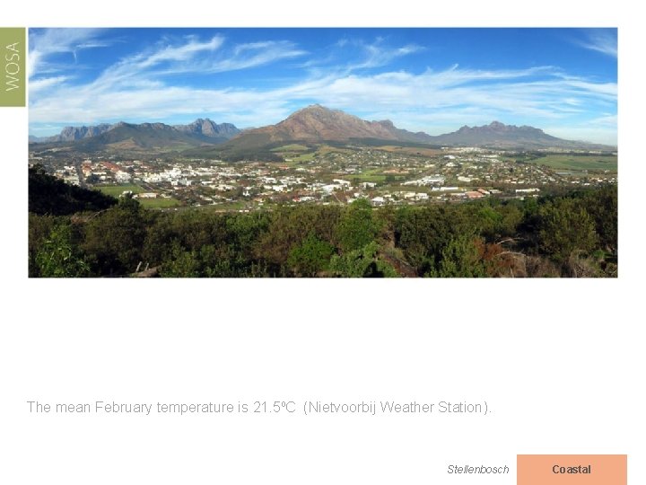 The mean February temperature is 21. 5⁰C (Nietvoorbij Weather Station). Stellenbosch Coastal 