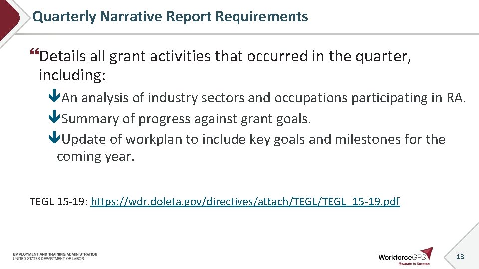 Quarterly Narrative Report Requirements Details all grant activities that occurred in the quarter, including: