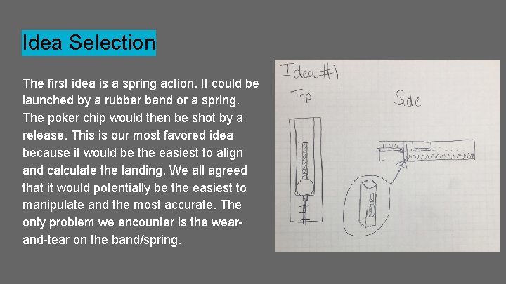 Idea Selection The first idea is a spring action. It could be launched by