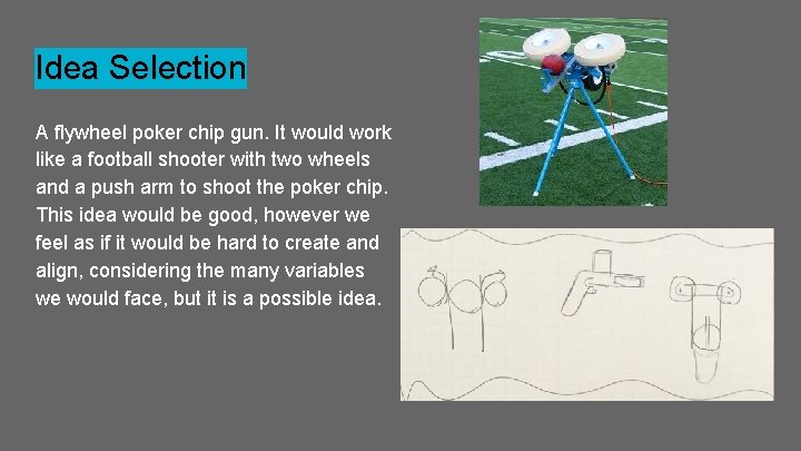 Idea Selection A flywheel poker chip gun. It would work like a football shooter