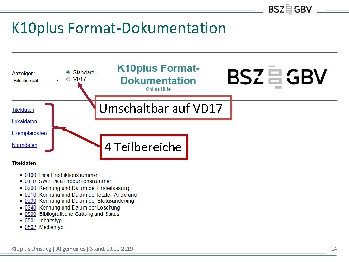 K 10 plus Format-Dokumentation Umschaltbar auf VD 17 4 Teilbereiche K 10 plus-Umstieg |