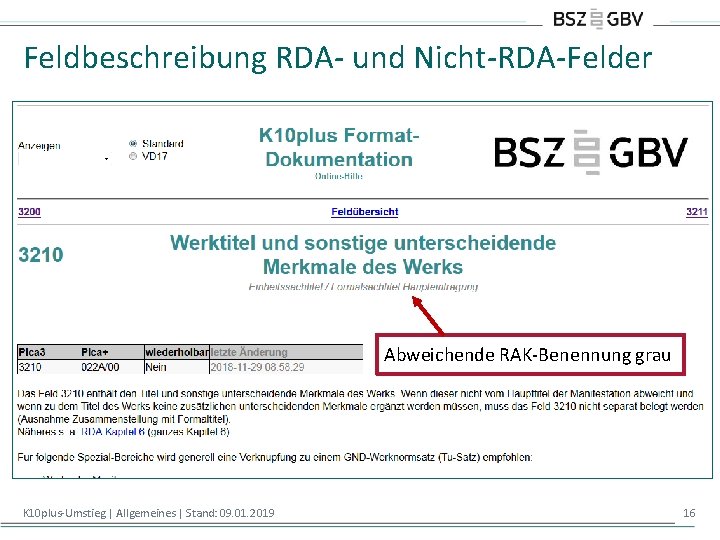 Feldbeschreibung RDA- und Nicht-RDA-Felder Abweichende RAK-Benennung grau K 10 plus-Umstieg | Allgemeines | Stand: