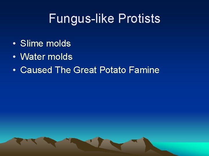 Fungus-like Protists • Slime molds • Water molds • Caused The Great Potato Famine