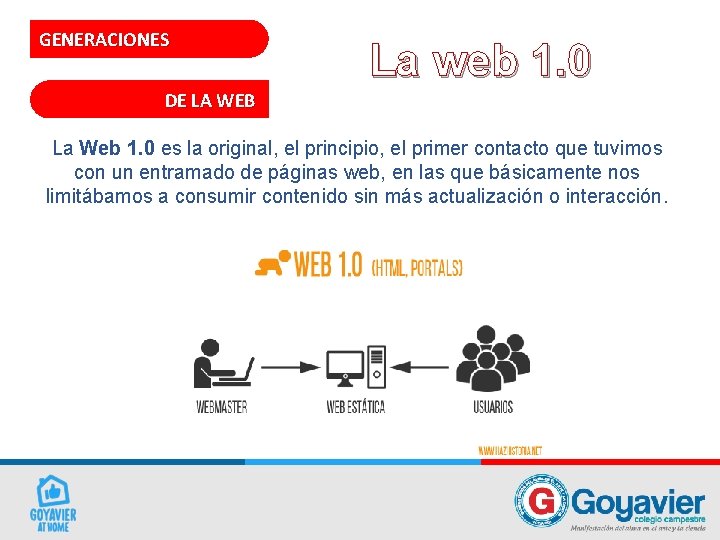 GENERACIONES La web 1. 0 DE LA WEB La Web 1. 0 es la