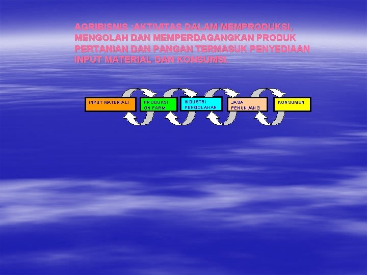 AGRIBISNIS : AKTIVITAS DALAM MEMPRODUKSI, MENGOLAH DAN MEMPERDAGANGKAN PRODUK PERTANIAN DAN PANGAN TERMASUK PENYEDIAAN