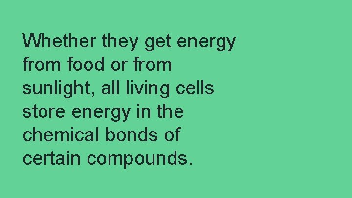 Whether they get energy from food or from sunlight, all living cells store energy